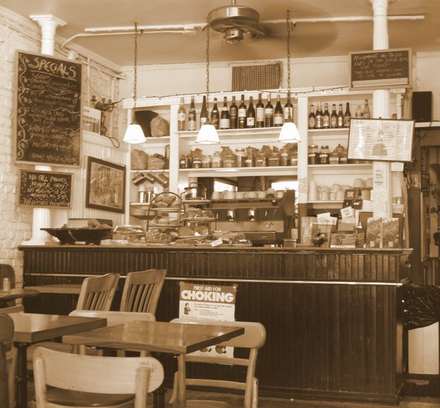 Bar interior seen from the counter, black and white
